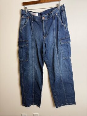 GAP ‘90s Loose Cargo Mid Rise Jeans Dark Wash Seam Front Petite 33/ 16 T